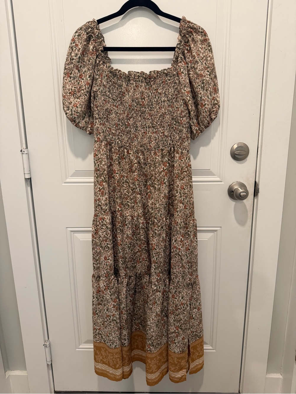 Francesca's Collections Cream Floral Maxi Dress with Mustard Border
